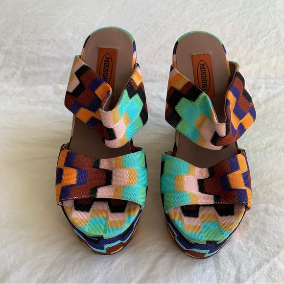 Missoni Rainbow Print Chevron Knit Strap Strappy Platform Chunky Wedges Heels - Picture 2 of 8